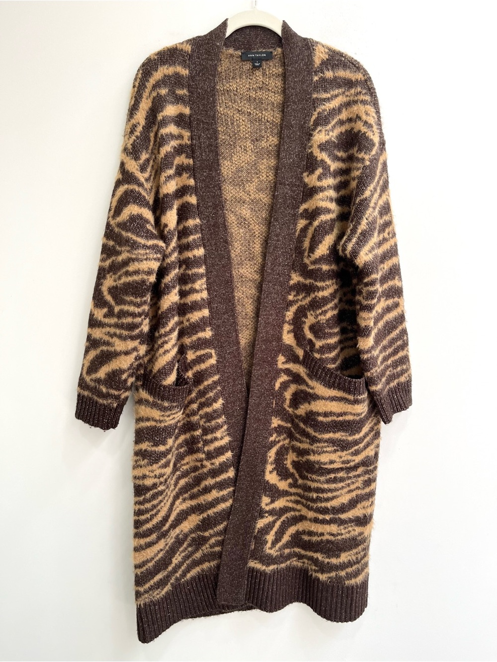 Ann Taylor open front duster cardigan sweater brown tan tiger zebra print small